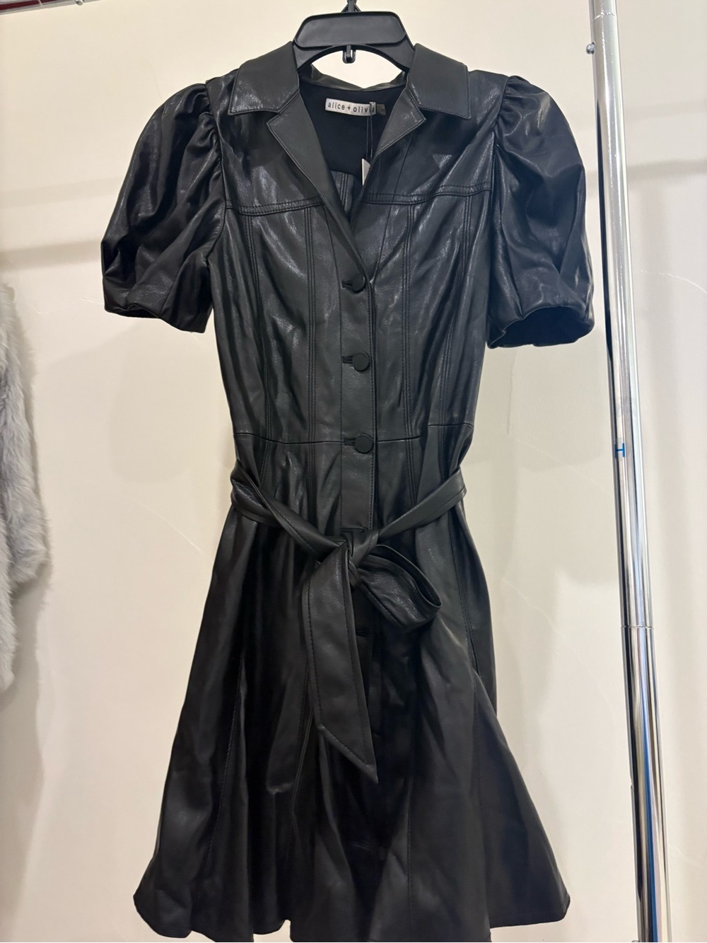 Alice + Olivia Black Faux Leather Puff-Sleeve Mini Dress - Picture 2 of 3